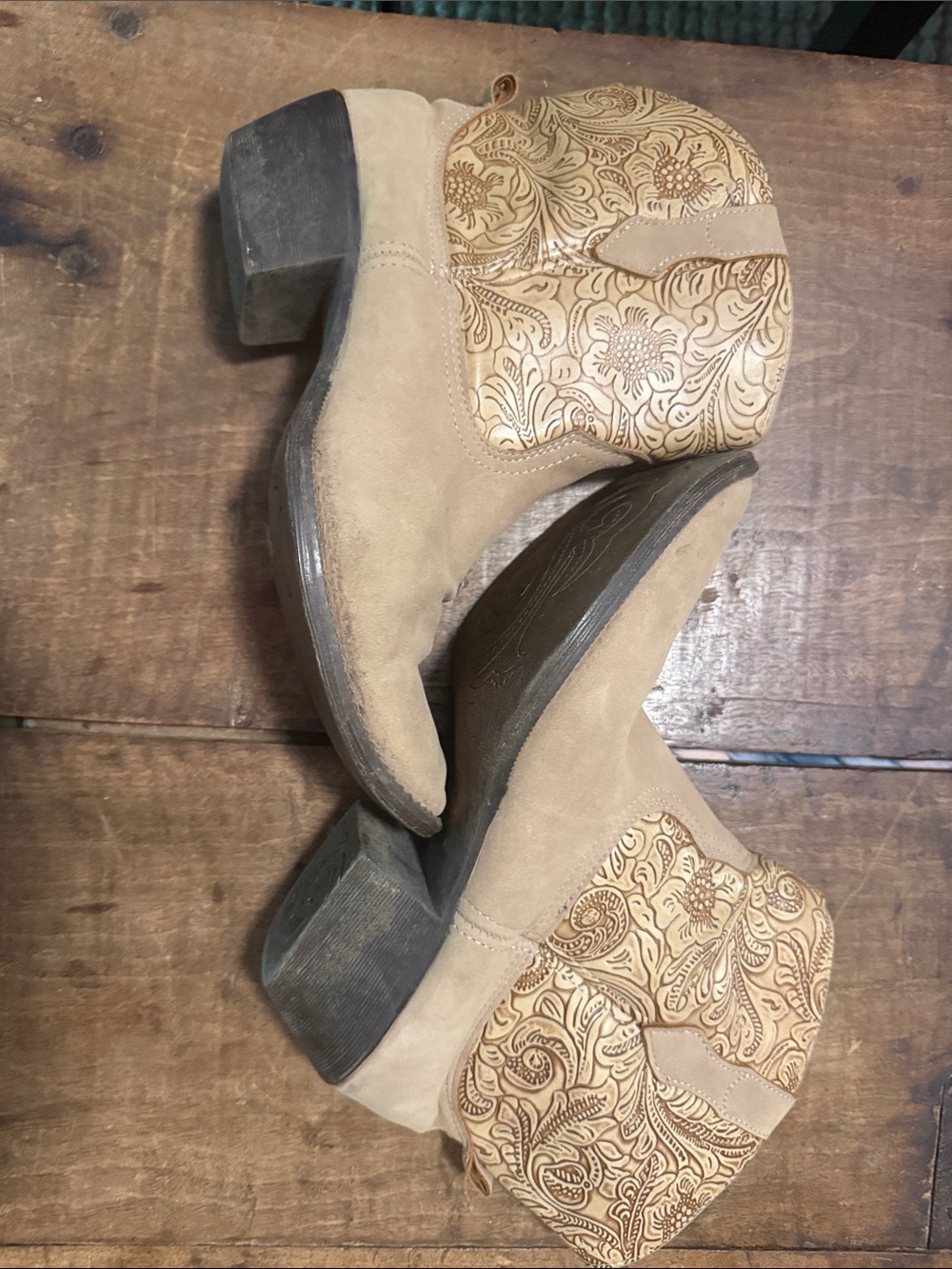 Dingo suede & pu leather western ankle boots in tan with floral shaft